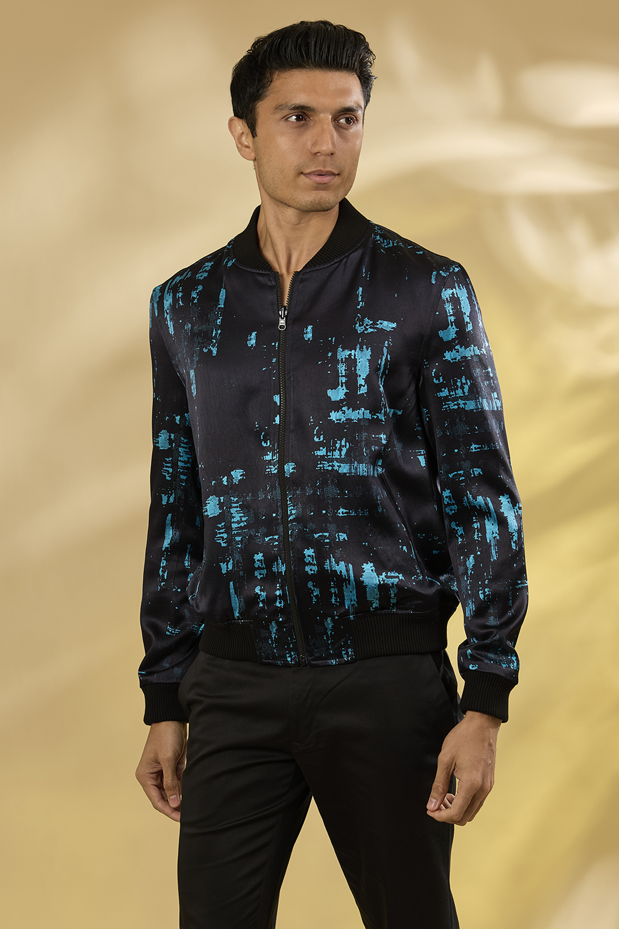 Turquoise Silk Printed Bomber Jacket by Rohit Gandhi & Rahul Khanna Men