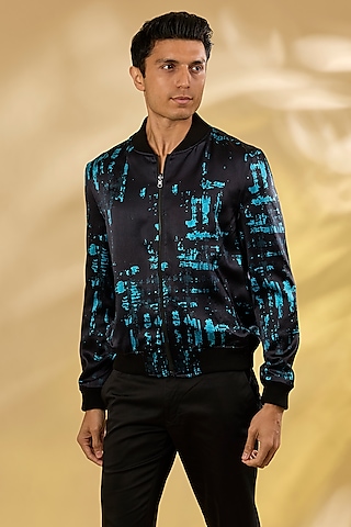 Turquoise Silk Printed Bomber Jacket by Rohit Gandhi & Rahul Khanna Men