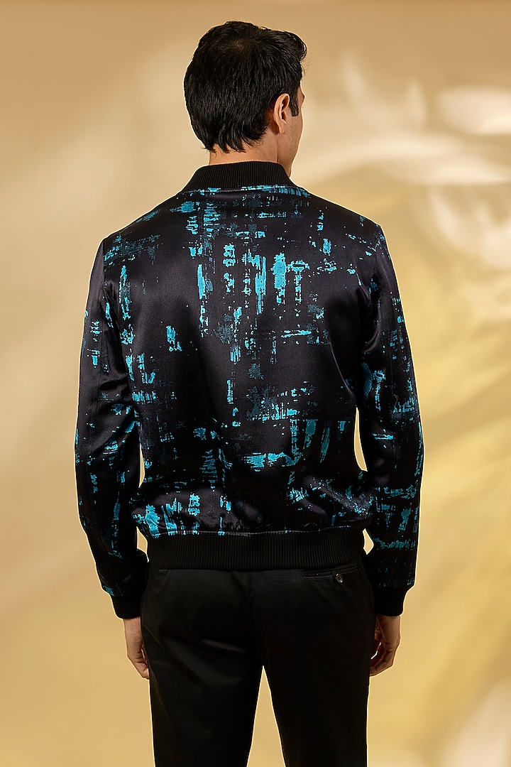 Turquoise Silk Printed Bomber Jacket by Rohit Gandhi & Rahul Khanna Men at Pernia's Pop Up Shop