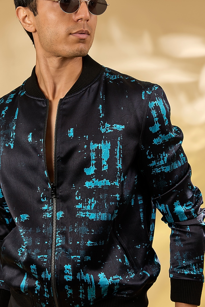 Turquoise Silk Printed Bomber Jacket by Rohit Gandhi & Rahul Khanna Men at Pernia's Pop Up Shop