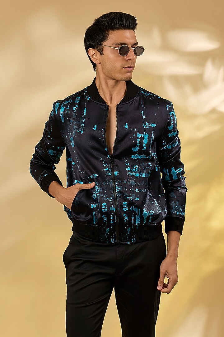 Turquoise Silk Printed Bomber Jacket by Rohit Gandhi & Rahul Khanna Men at Pernia's Pop Up Shop
