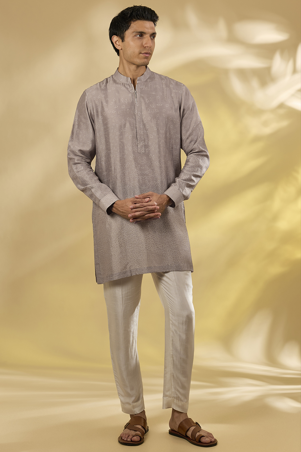 Dull Khaki Gusseted Cotton Printed Kurta by Rohit Gandhi & Rahul Khanna Men