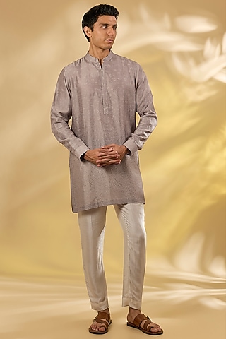 Dull Khaki Gusseted Cotton Printed Kurta by Rohit Gandhi & Rahul Khanna Men