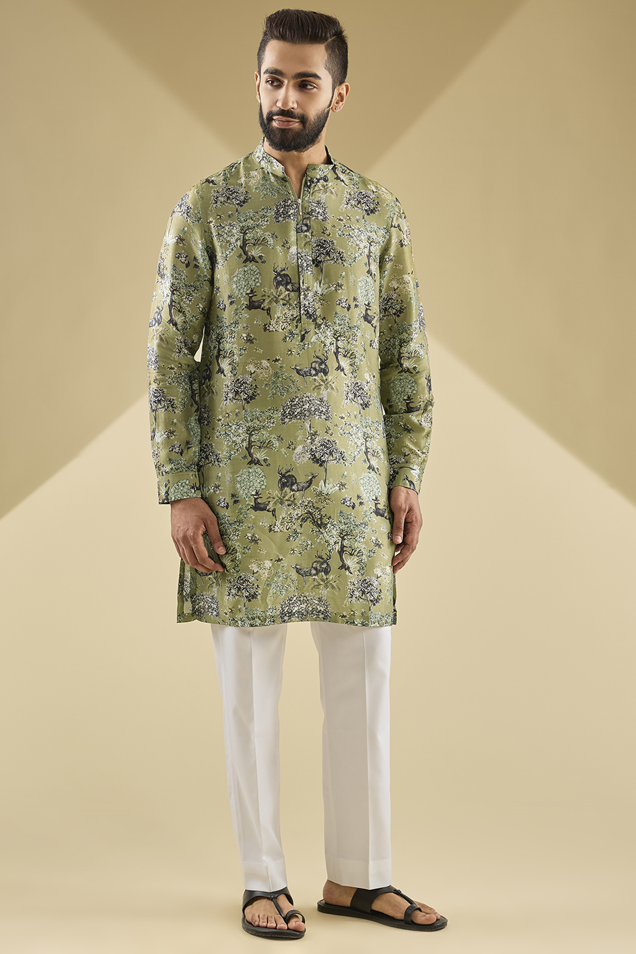 Ash Green Gusseted Cotton Printed Kurta by Rohit Gandhi & Rahul Khanna Men