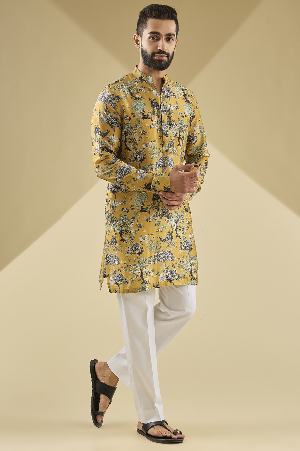 Mustard Gusseted Cotton Printed Kurta by Rohit Gandhi & Rahul Khanna Men at Pernia's Pop Up Shop