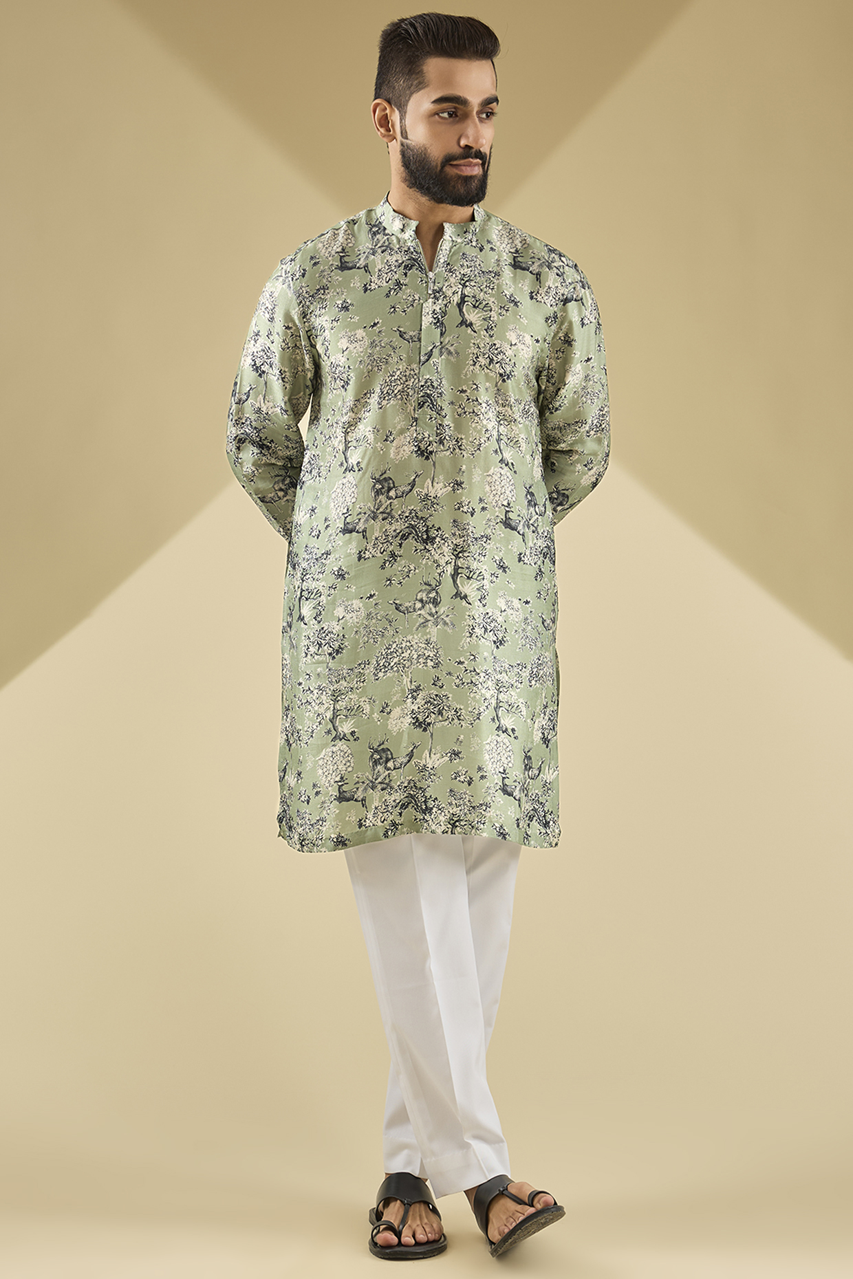 Fern Green Gusseted Cotton Printed Kurta by Rohit Gandhi & Rahul Khanna Men