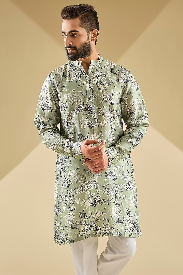 Fern Green Gusseted Cotton Printed Kurta by Rohit Gandhi & Rahul Khanna Men at Pernia's Pop Up Shop