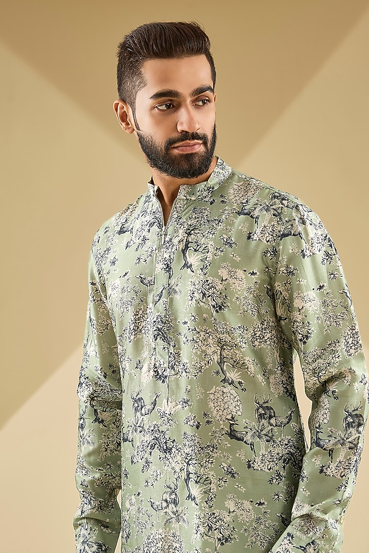 Fern Green Gusseted Cotton Printed Kurta by Rohit Gandhi & Rahul Khanna Men at Pernia's Pop Up Shop