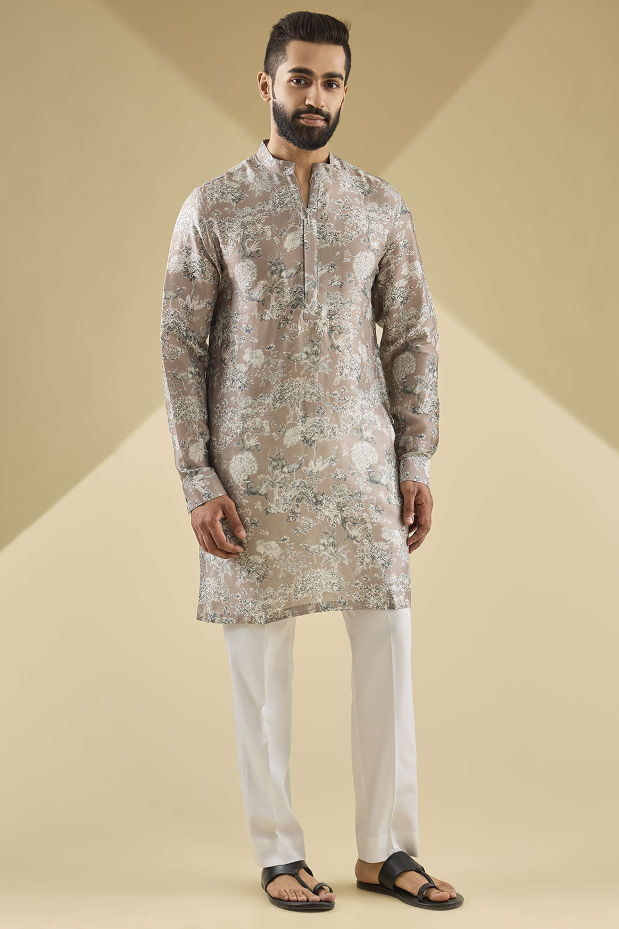 Vintage Rose Gusseted Cotton Printed Kurta by Rohit Gandhi & Rahul Khanna Men