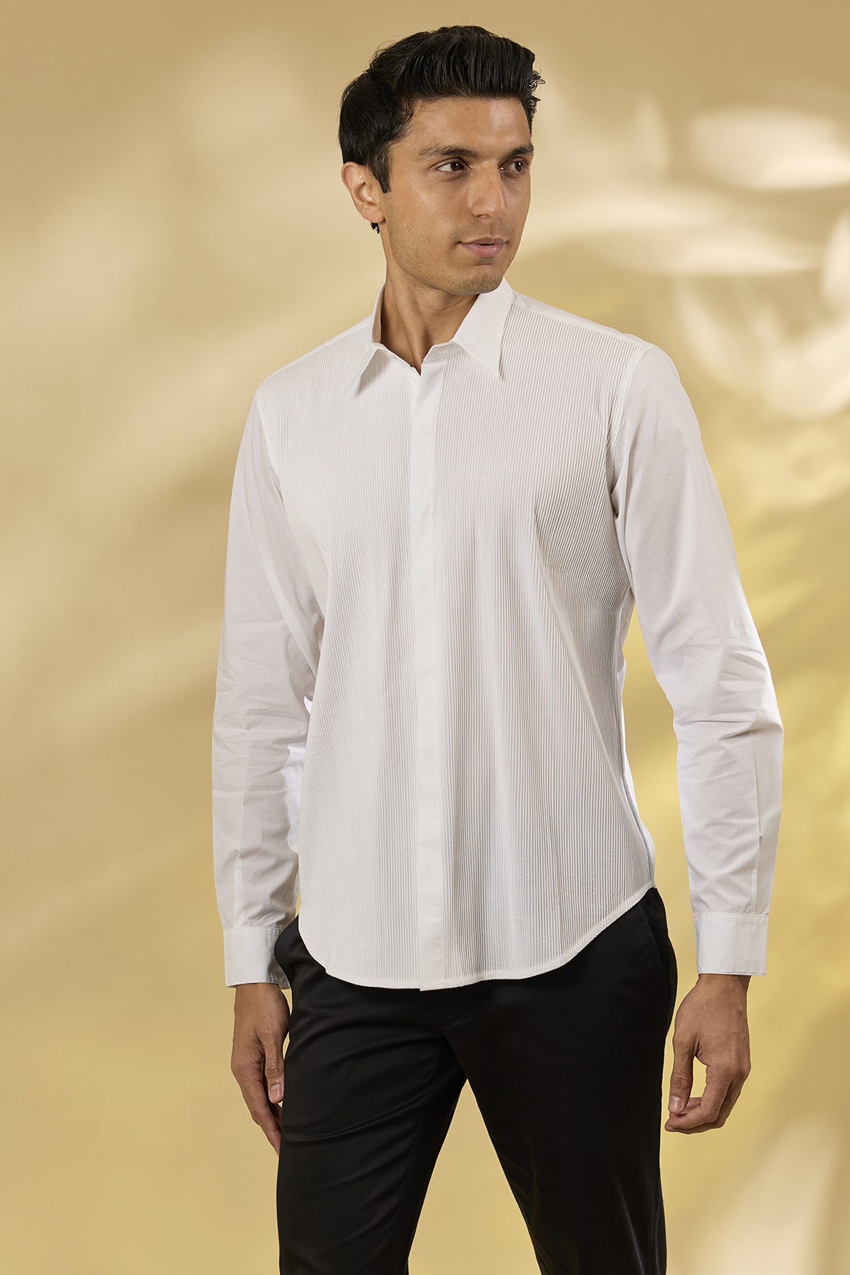 Off-White Cotton Herringbone Pintuck Shirt by Rohit Gandhi & Rahul Khanna Men