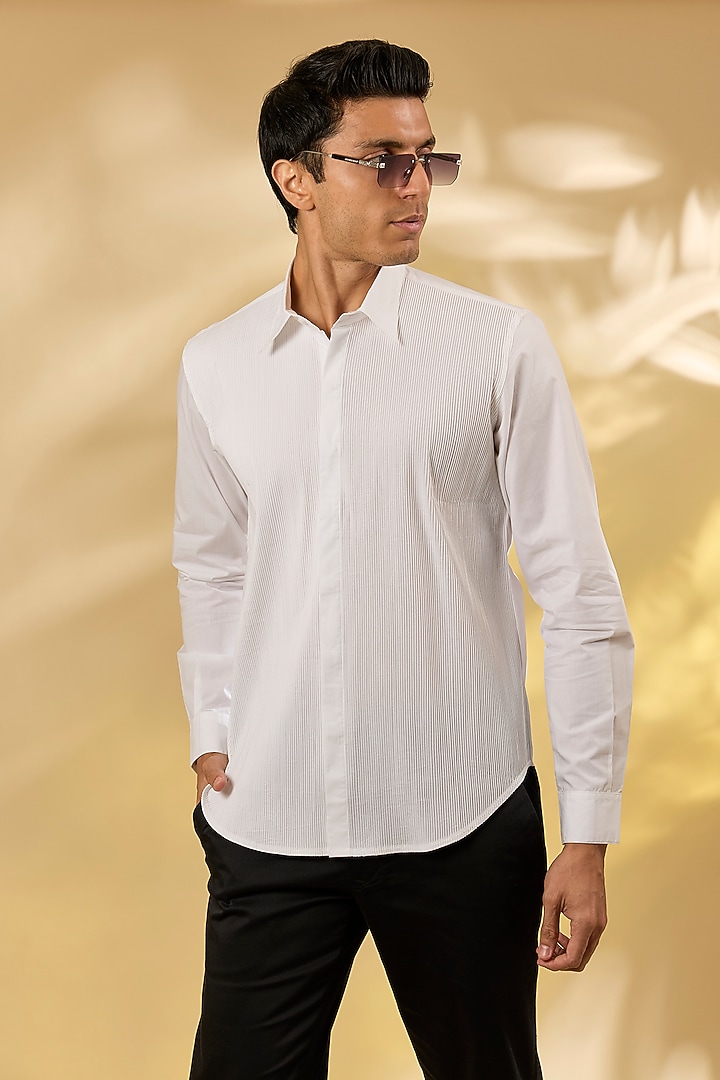 Off-White Cotton Herringbone Pintuck Wedding Shirt by Rohit Gandhi & Rahul Khanna Men at Pernia's Pop Up Shop
