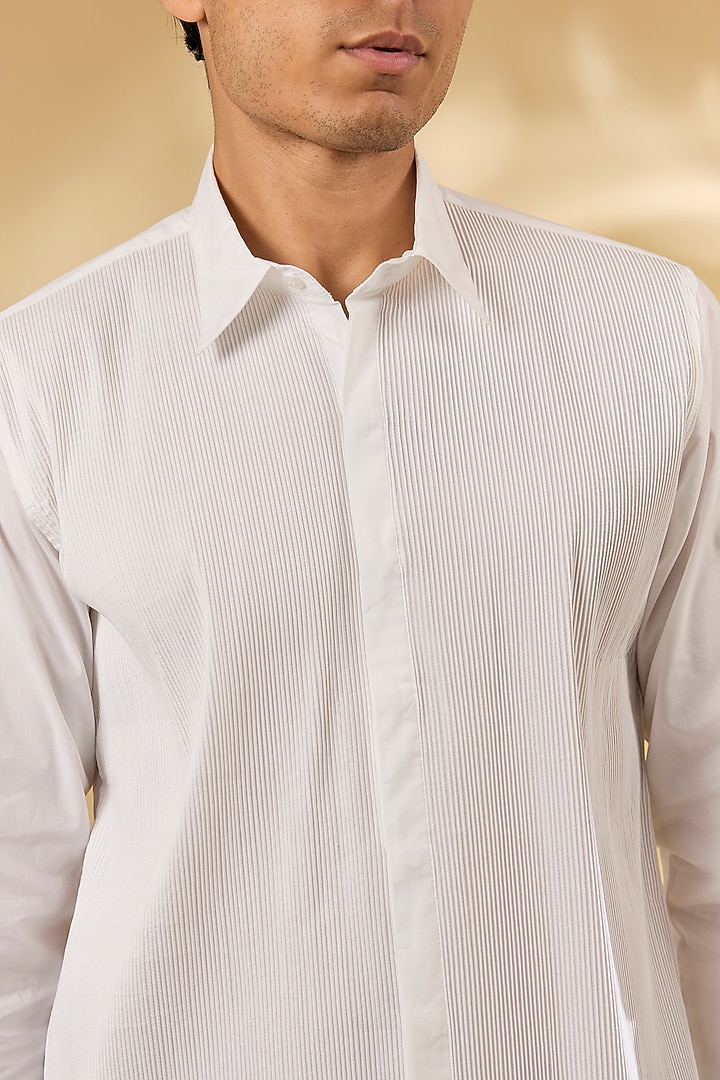 Off-White Cotton Herringbone Pintuck Wedding Shirt by Rohit Gandhi & Rahul Khanna Men at Pernia's Pop Up Shop