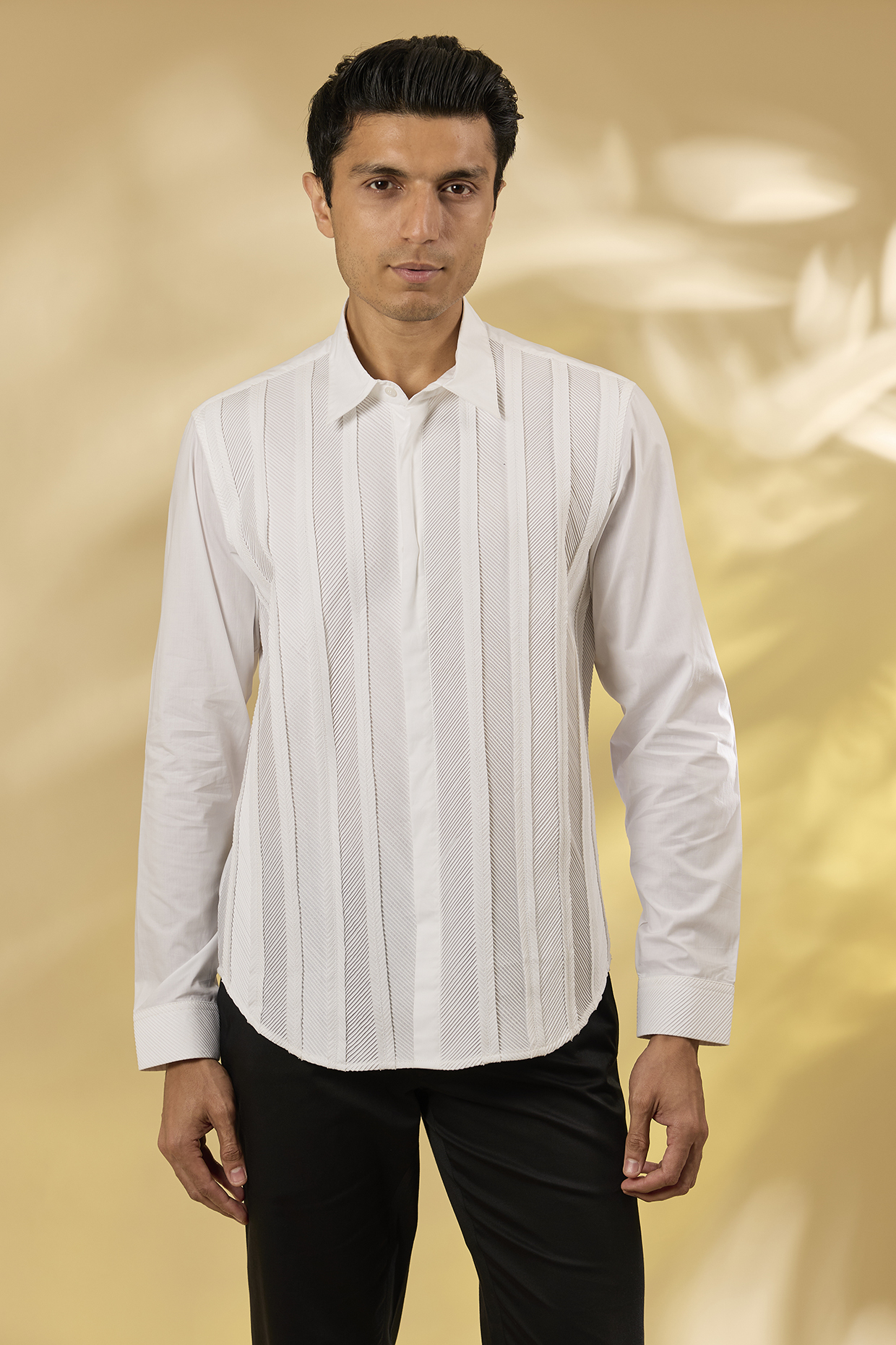 Off-White Cotton Herringbone Pintuck Shirt by Rohit Gandhi & Rahul Khanna Men