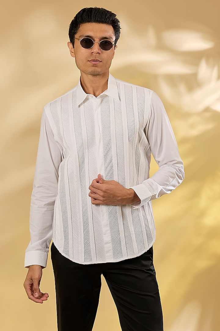Off-White Cotton Herringbone Pintuck Wedding Shirt by Rohit Gandhi & Rahul Khanna Men at Pernia's Pop Up Shop