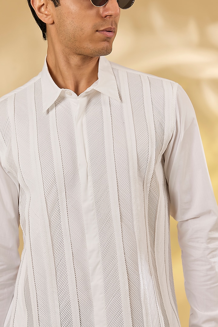 Off-White Cotton Herringbone Pintuck Wedding Shirt by Rohit Gandhi & Rahul Khanna Men at Pernia's Pop Up Shop