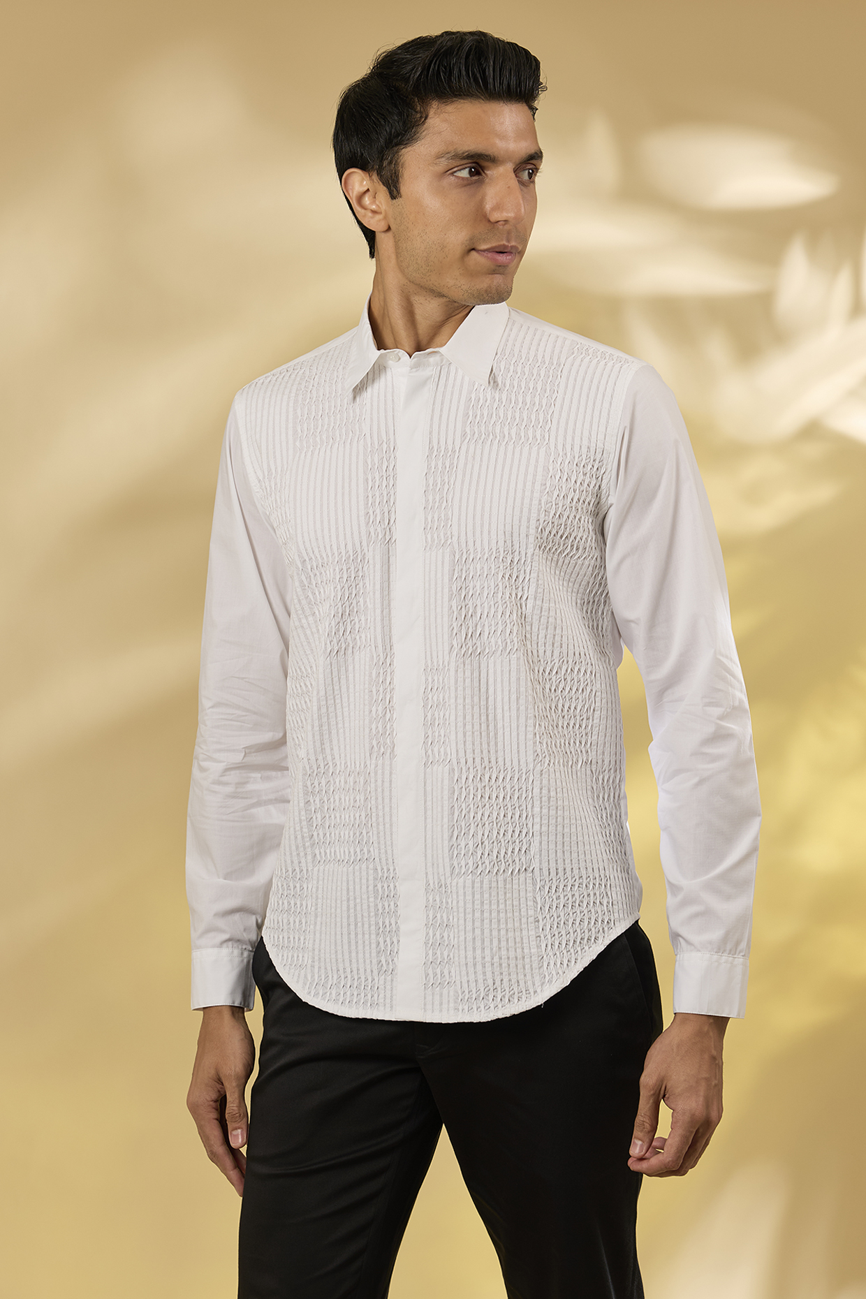 Off-White Cotton Pintuck Shirt by Rohit Gandhi & Rahul Khanna Men