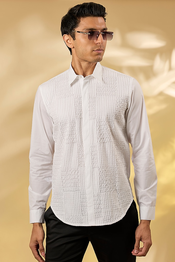 Off-White Cotton Pintuck Wedding Shirt by Rohit Gandhi & Rahul Khanna Men at Pernia's Pop Up Shop