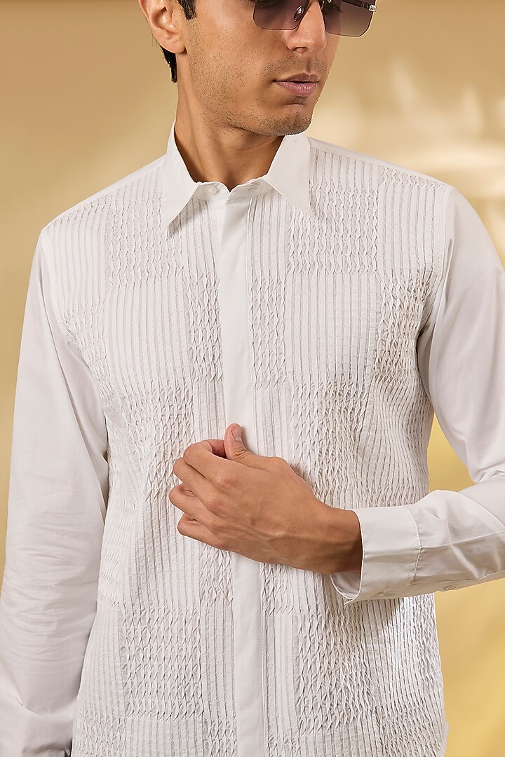 Off-White Cotton Pintuck Wedding Shirt by Rohit Gandhi & Rahul Khanna Men at Pernia's Pop Up Shop
