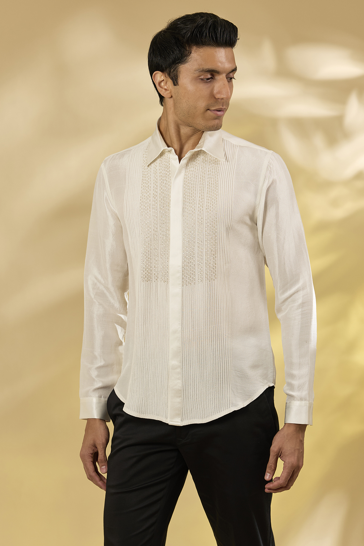 Off-White Cotton Pintuck & Hand Embroidered Shirt by Rohit Gandhi & Rahul Khanna Men