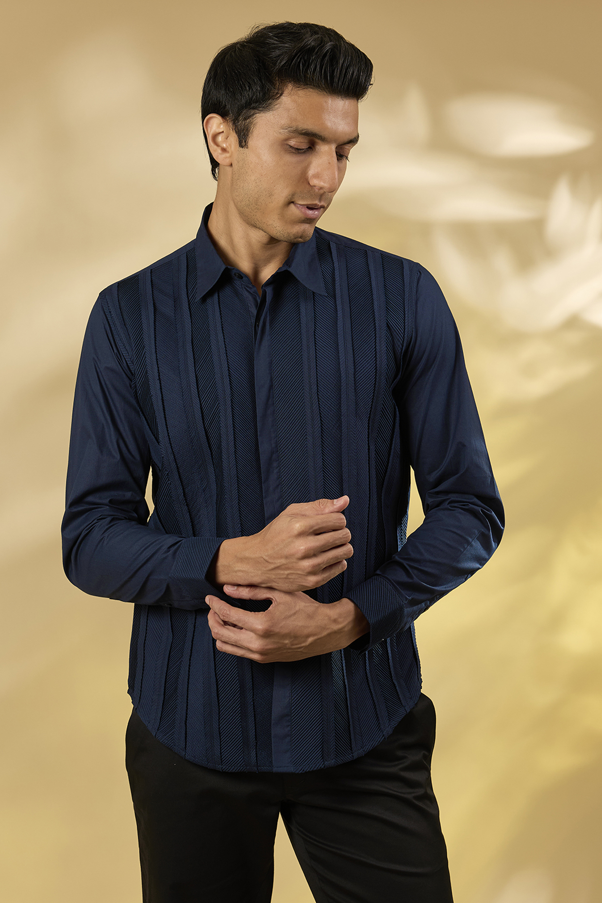Navy Blue Cotton Herringbone Pintuck Shirt by Rohit Gandhi & Rahul Khanna Men