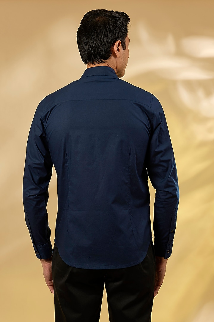 Navy Blue Cotton Herringbone Pintuck Wedding Shirt by Rohit Gandhi & Rahul Khanna Men at Pernia's Pop Up Shop