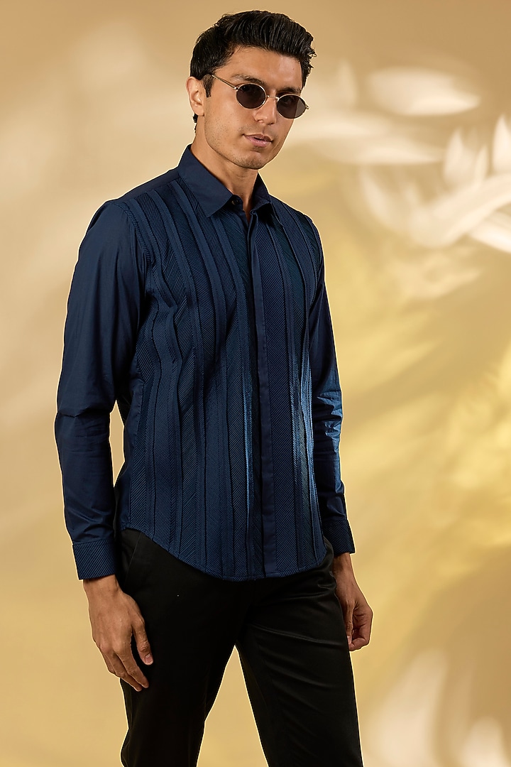 Navy Blue Cotton Herringbone Pintuck Wedding Shirt by Rohit Gandhi & Rahul Khanna Men at Pernia's Pop Up Shop