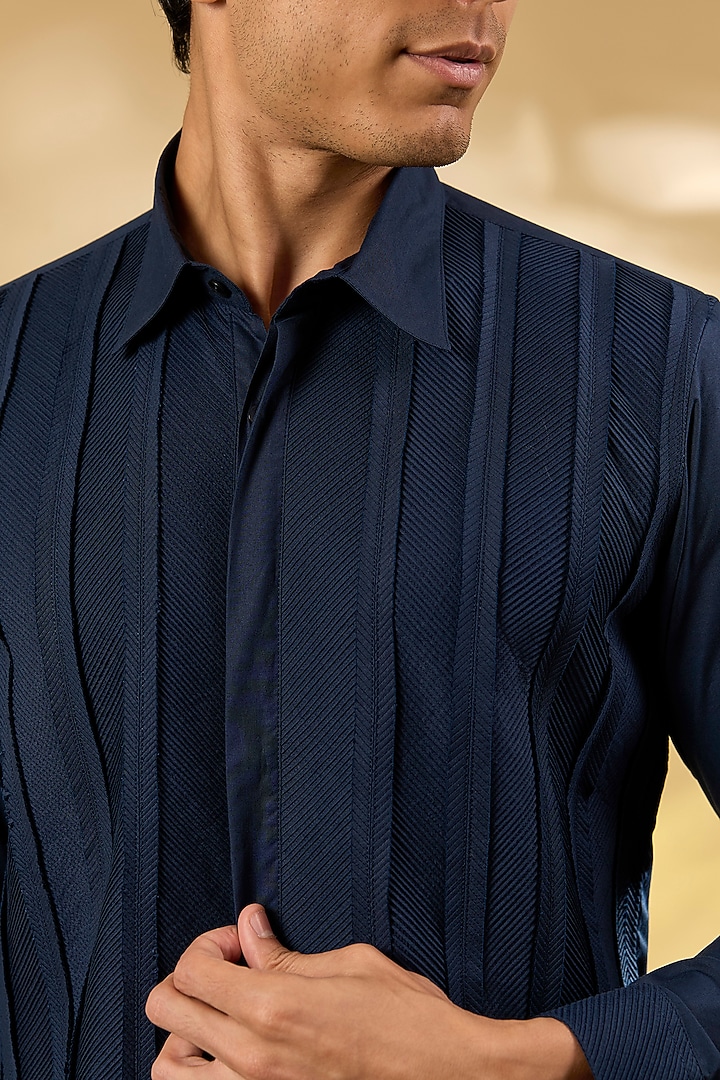 Navy Blue Cotton Herringbone Pintuck Wedding Shirt by Rohit Gandhi & Rahul Khanna Men at Pernia's Pop Up Shop