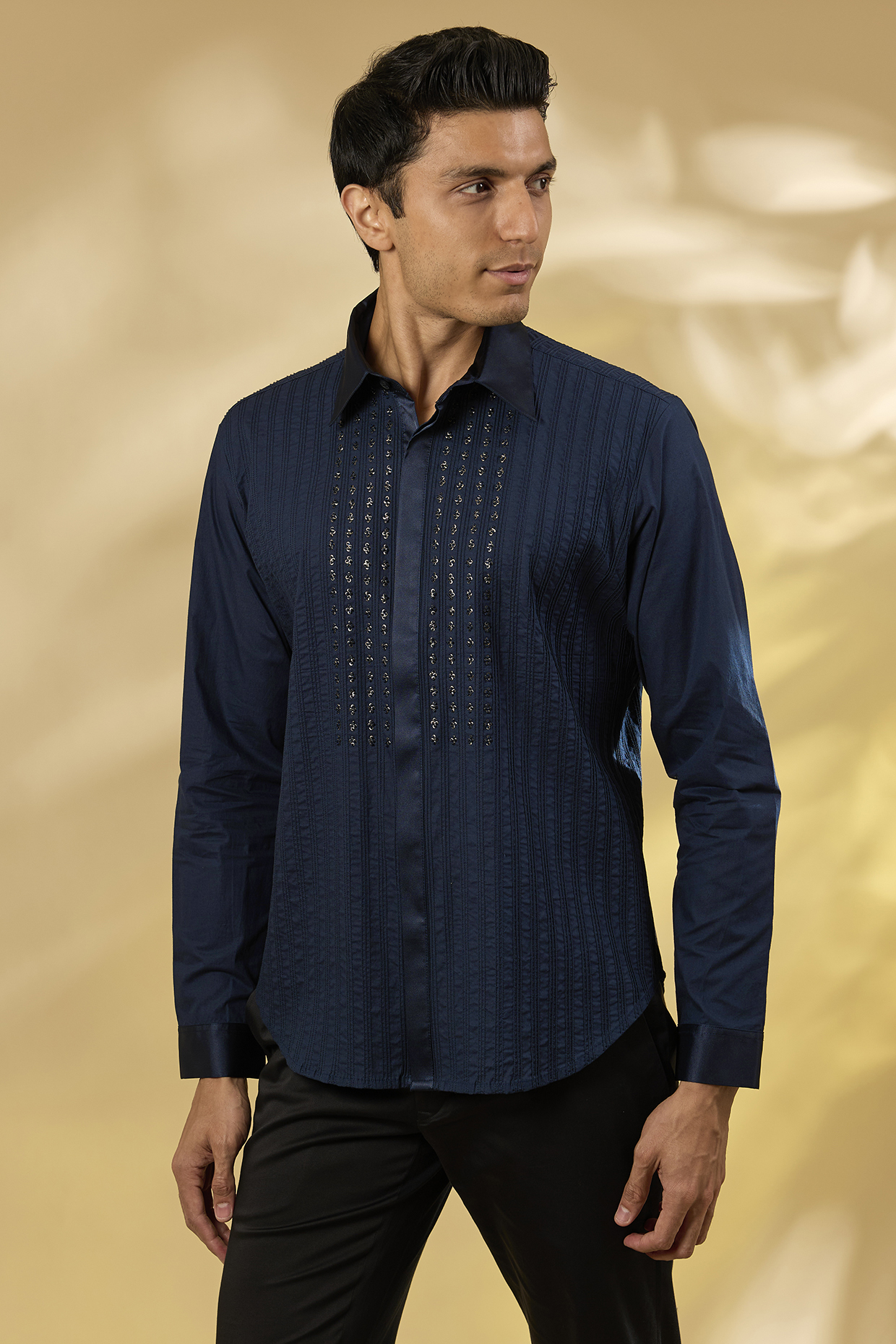 Navy Blue Cotton Pintuck & Hand Embroidered Shirt by Rohit Gandhi & Rahul Khanna Men