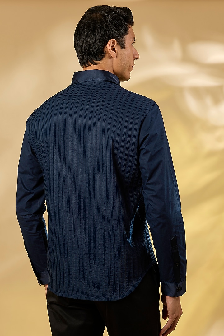Navy Blue Cotton Pintuck & Hand Embroidered Wedding Shirt by Rohit Gandhi & Rahul Khanna Men at Pernia's Pop Up Shop