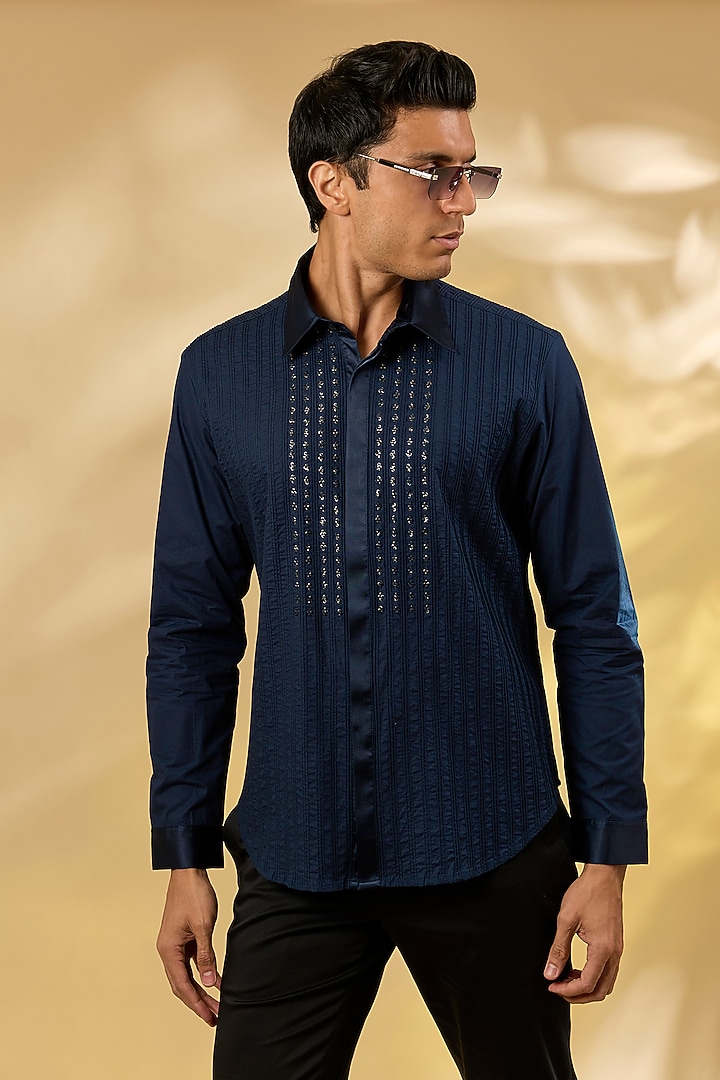 Navy Blue Cotton Pintuck & Hand Embroidered Wedding Shirt by Rohit Gandhi & Rahul Khanna Men at Pernia's Pop Up Shop