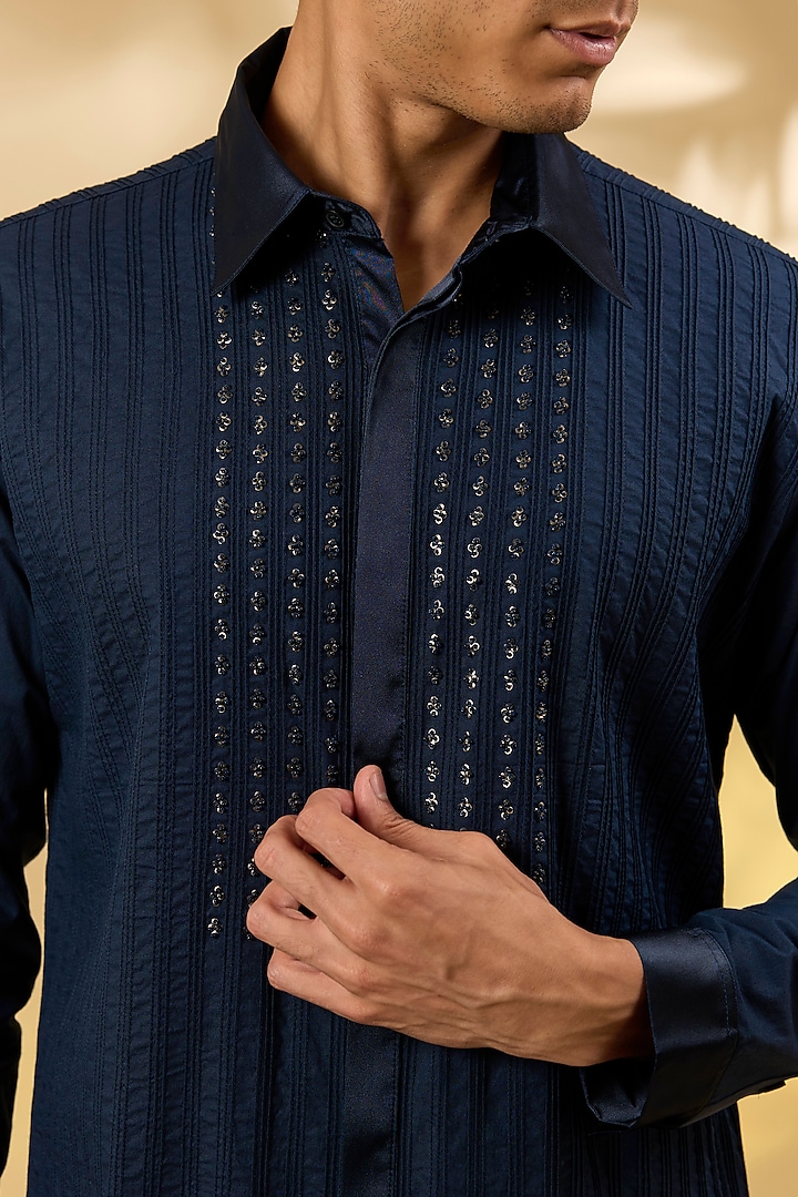 Navy Blue Cotton Pintuck & Hand Embroidered Wedding Shirt by Rohit Gandhi & Rahul Khanna Men at Pernia's Pop Up Shop