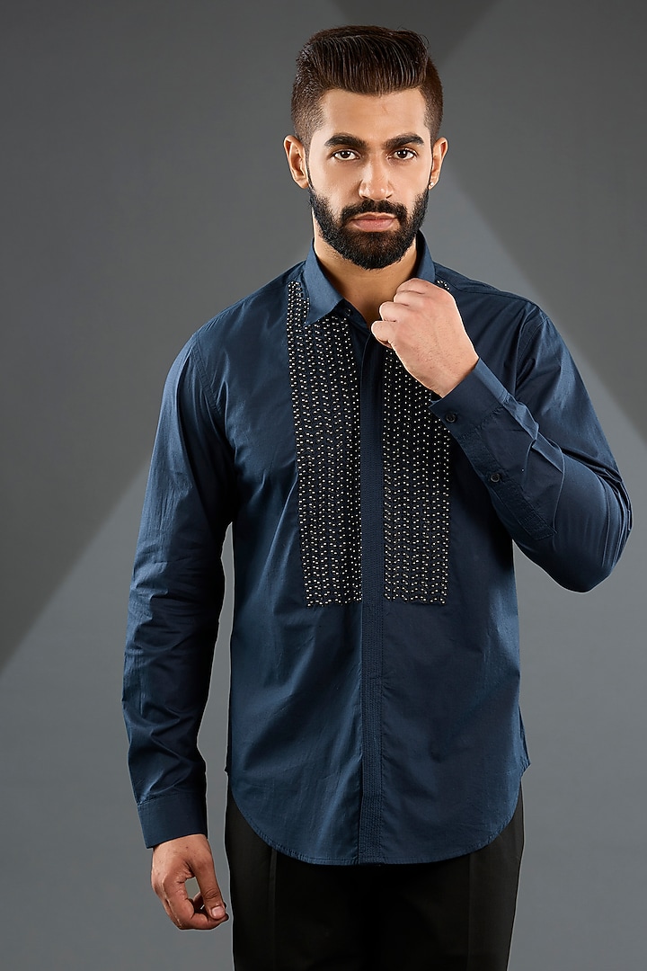 Navy Blue Embroidered Cotton Shirt by Rohit Gandhi & Rahul Khanna Men at Pernia's Pop Up Shop