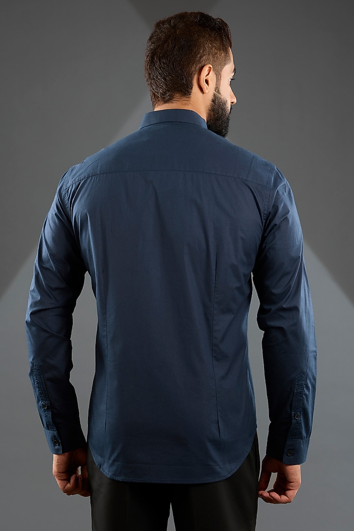 Navy Blue Embroidered Cotton Wedding Shirt by Rohit Gandhi & Rahul Khanna Men at Pernia's Pop Up Shop