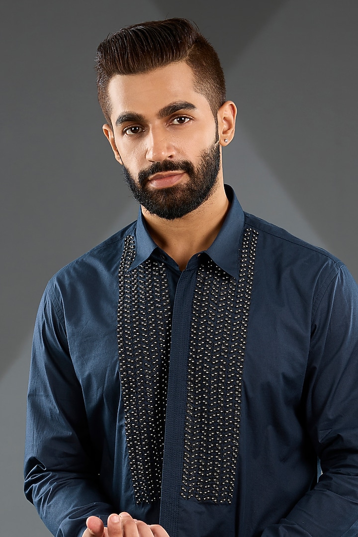 Navy Blue Embroidered Cotton Wedding Shirt by Rohit Gandhi & Rahul Khanna Men at Pernia's Pop Up Shop