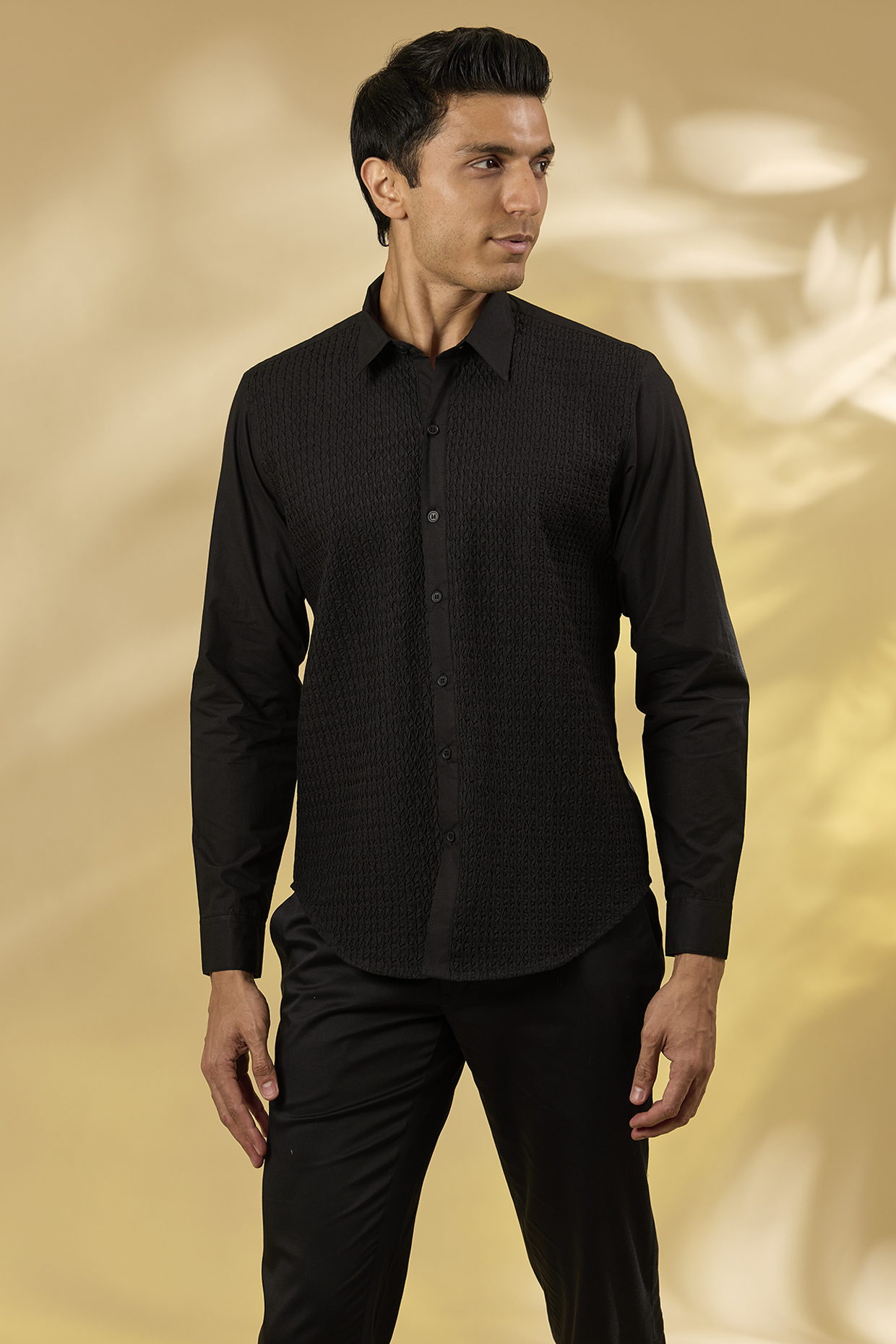 Black Cotton Textured Shirt by Rohit Gandhi & Rahul Khanna Men