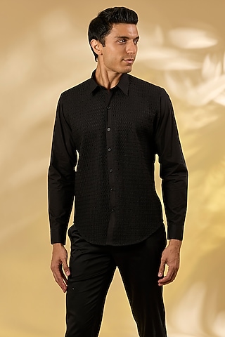Black Cotton Textured Shirt by Rohit Gandhi & Rahul Khanna Men