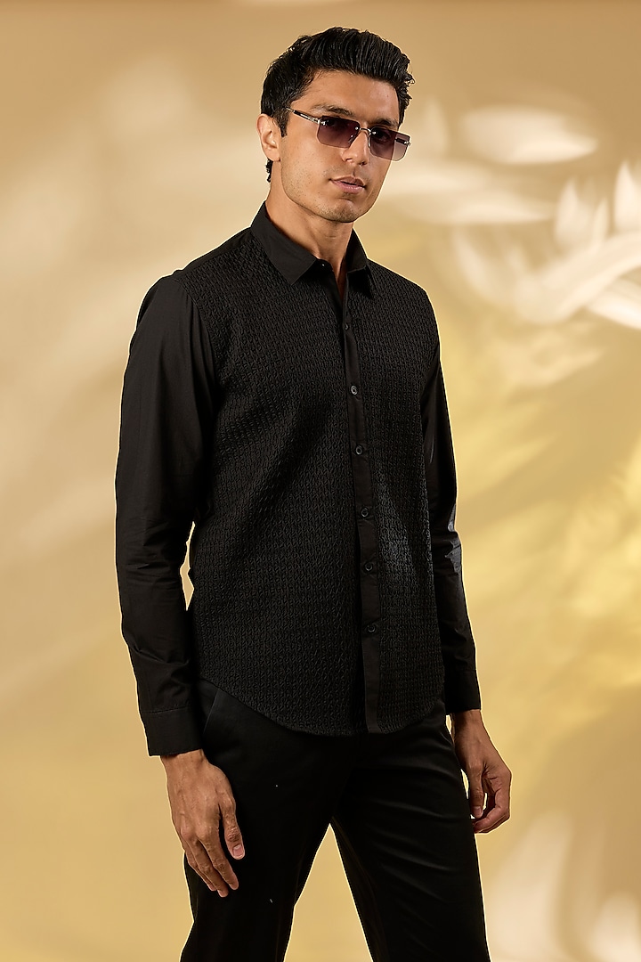 Black Cotton Textured Party Wear Shirt by Rohit Gandhi & Rahul Khanna Men at Pernia's Pop Up Shop