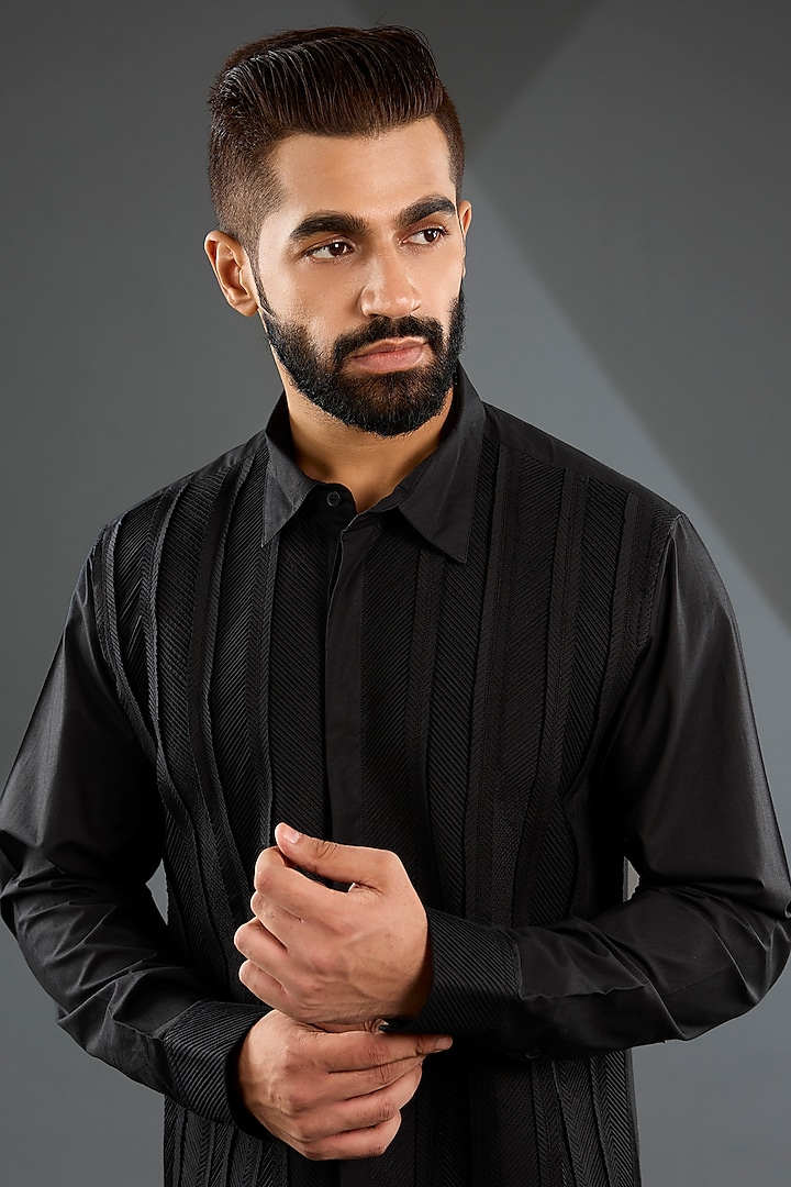 Black Embroidered Cotton Wedding Shirt by Rohit Gandhi & Rahul Khanna Men at Pernia's Pop Up Shop