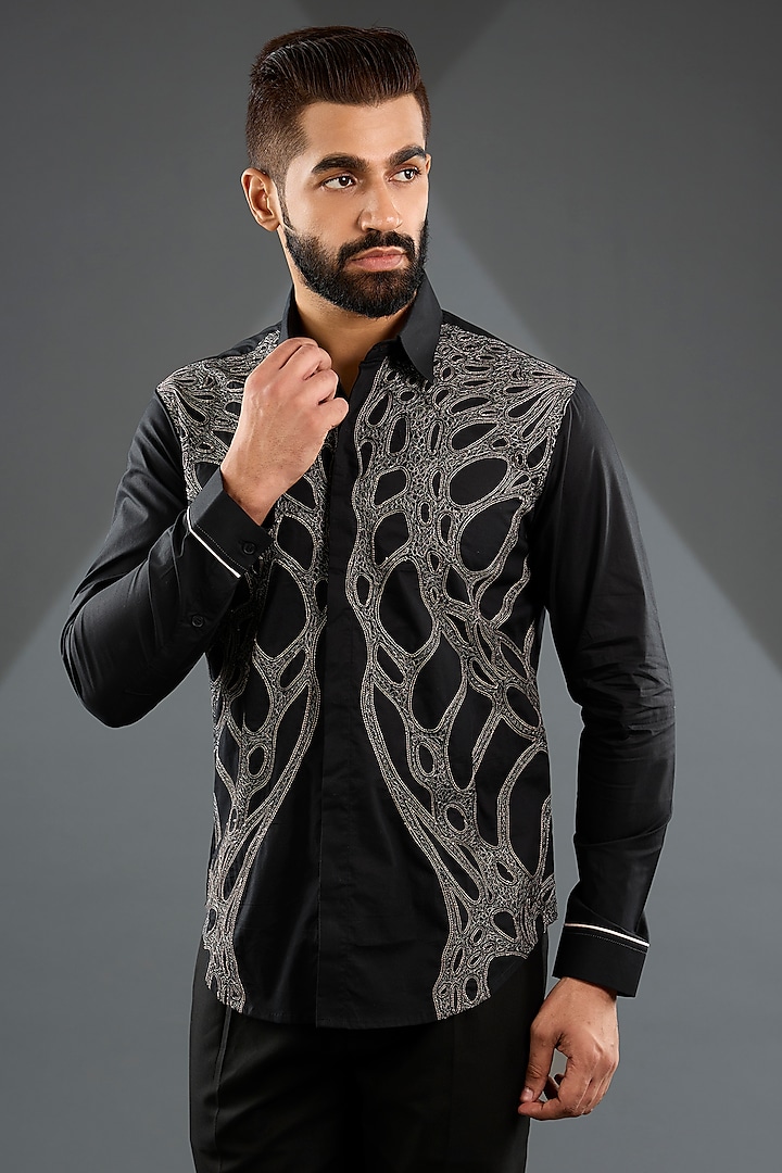 Black Embroidered Cotton Shirt by Rohit Gandhi & Rahul Khanna Men at Pernia's Pop Up Shop