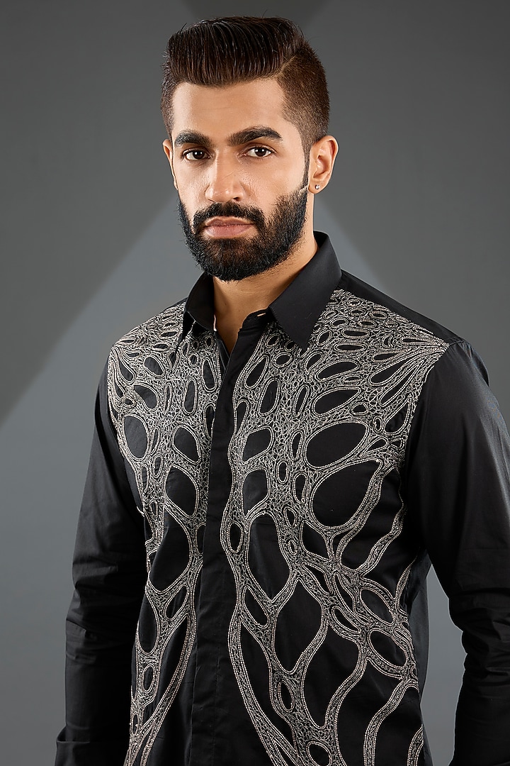 Black Embroidered Cotton Shirt by Rohit Gandhi & Rahul Khanna Men at Pernia's Pop Up Shop