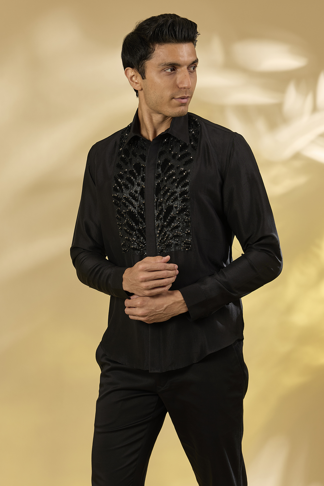 Black Cotton Hand Embroidered Shirt by Rohit Gandhi & Rahul Khanna Men