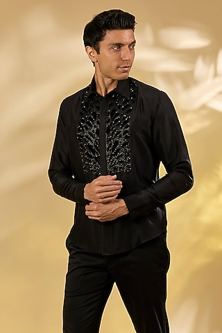 Black Cotton Hand Embroidered Shirt by Rohit Gandhi & Rahul Khanna Men