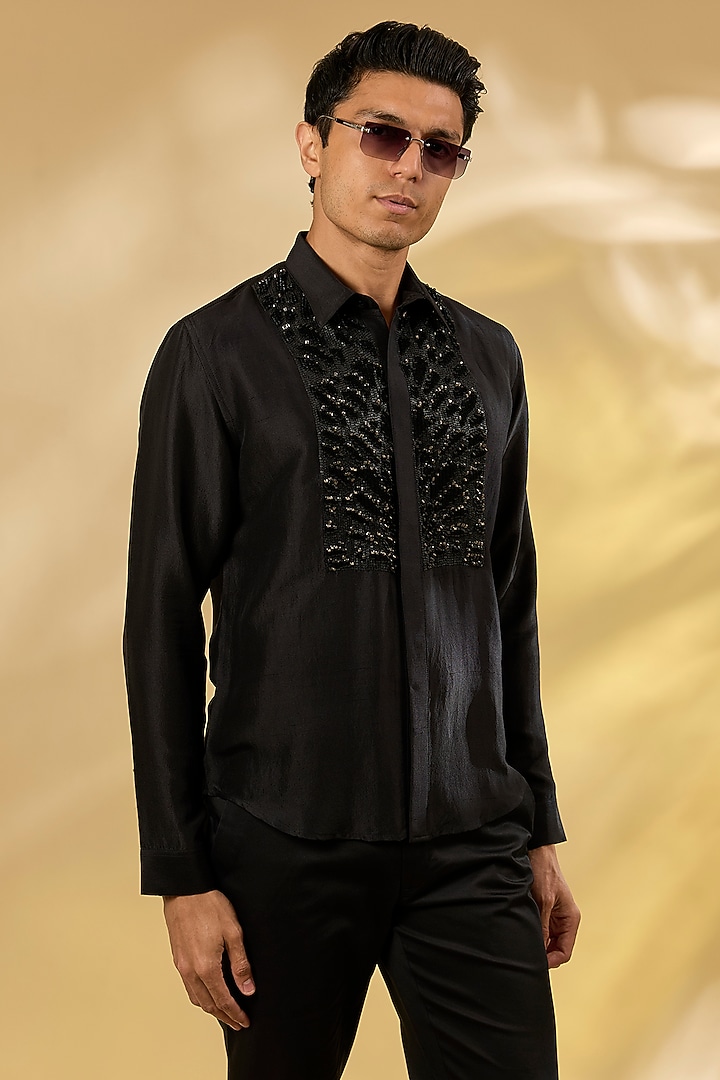 Black Cotton Hand Embroidered Wedding Shirt by Rohit Gandhi & Rahul Khanna Men at Pernia's Pop Up Shop