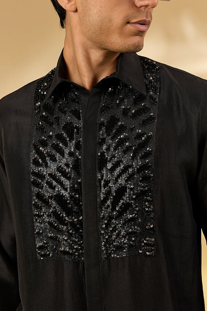 Black Cotton Hand Embroidered Wedding Shirt by Rohit Gandhi & Rahul Khanna Men at Pernia's Pop Up Shop
