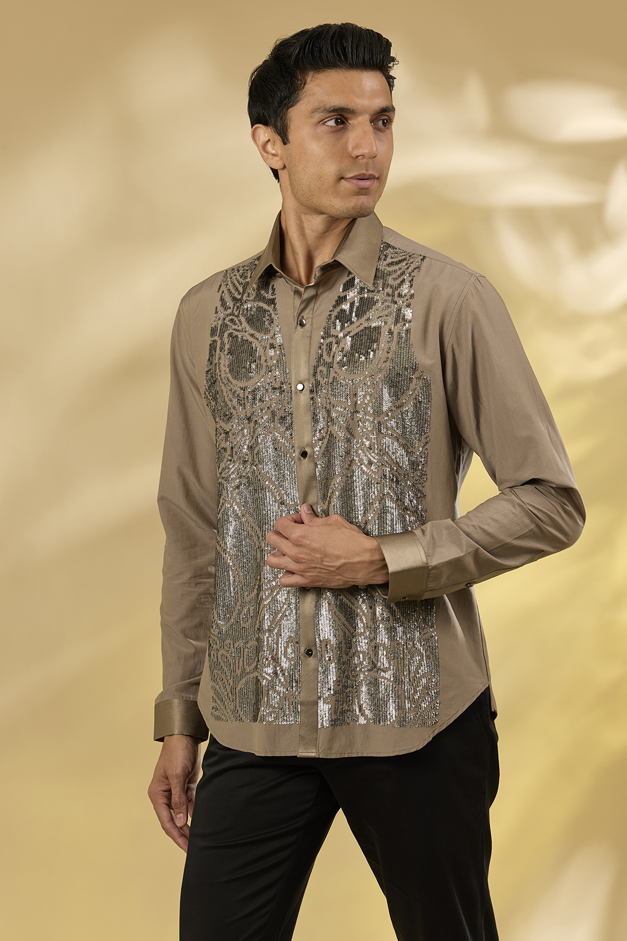 Khaki Cotton Sequins Hand Embroidered Shirt by Rohit Gandhi & Rahul Khanna Men