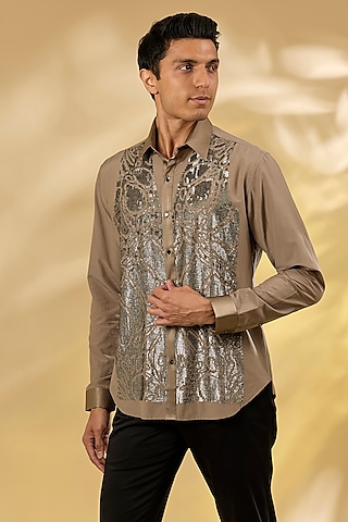 Khaki Cotton Sequins Hand Embroidered Shirt by Rohit Gandhi & Rahul Khanna Men