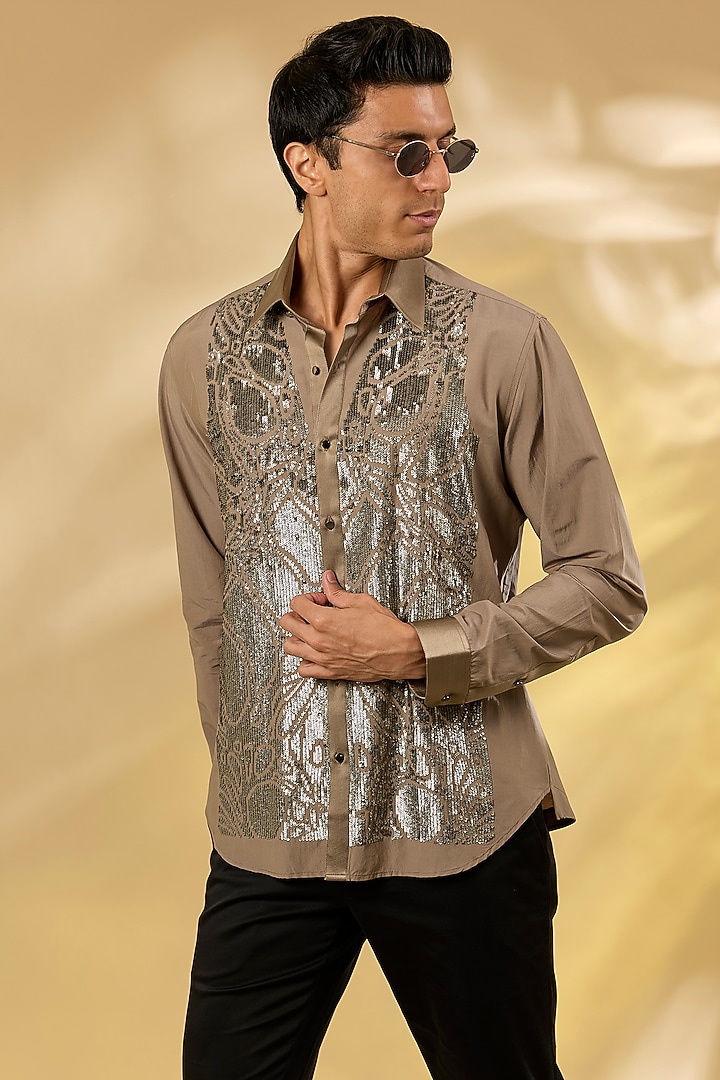 Khaki Cotton Sequins Hand Embroidered Wedding Shirt by Rohit Gandhi & Rahul Khanna Men at Pernia's Pop Up Shop