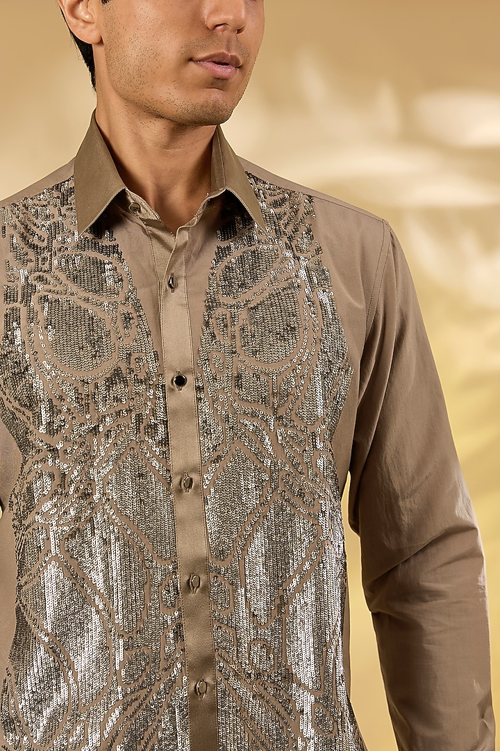Khaki Cotton Sequins Hand Embroidered Wedding Shirt by Rohit Gandhi & Rahul Khanna Men at Pernia's Pop Up Shop