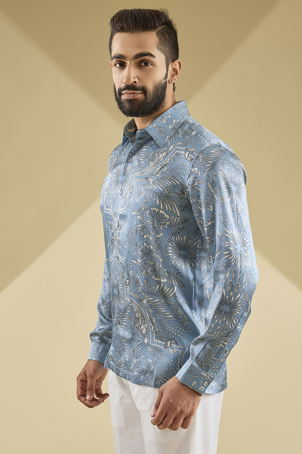 Ice Blue Silk Printed Shirt by Rohit Gandhi & Rahul Khanna Men