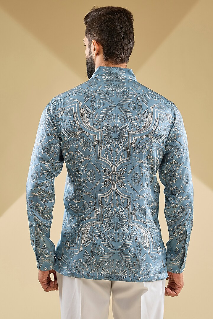 Ice Blue Silk Printed Wedding Shirt by Rohit Gandhi & Rahul Khanna Men at Pernia's Pop Up Shop